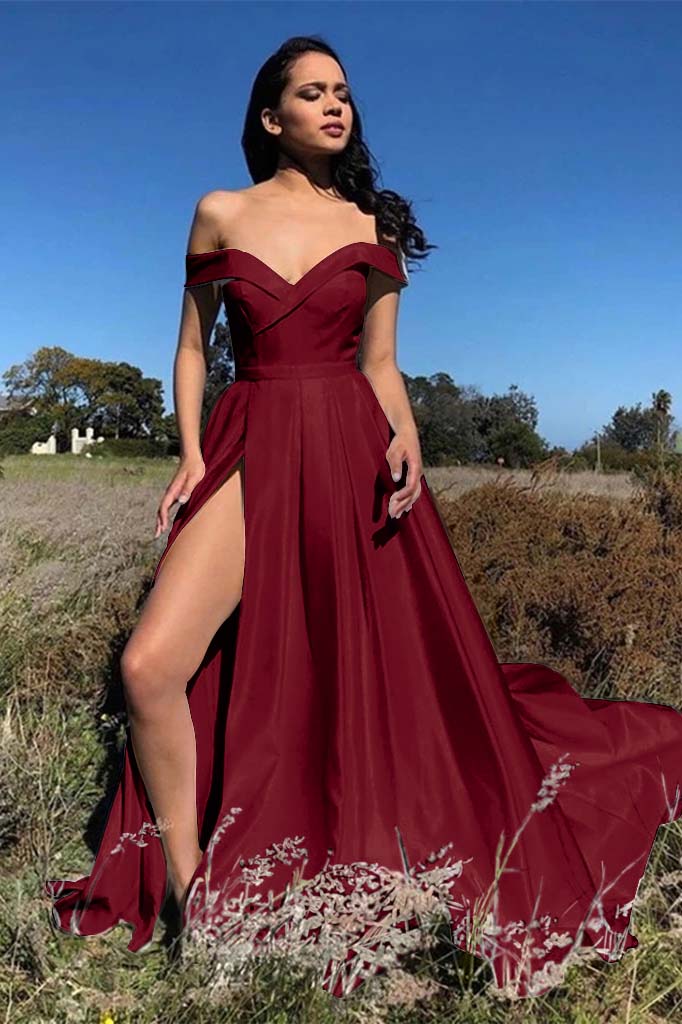 White Chic Off the Shoulder Strapless Prom Dress with Front Split