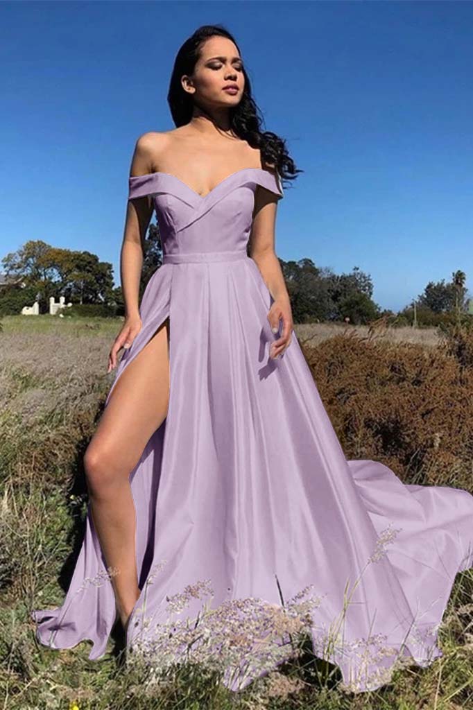 White Chic Off the Shoulder Strapless Prom Dress with Front Split