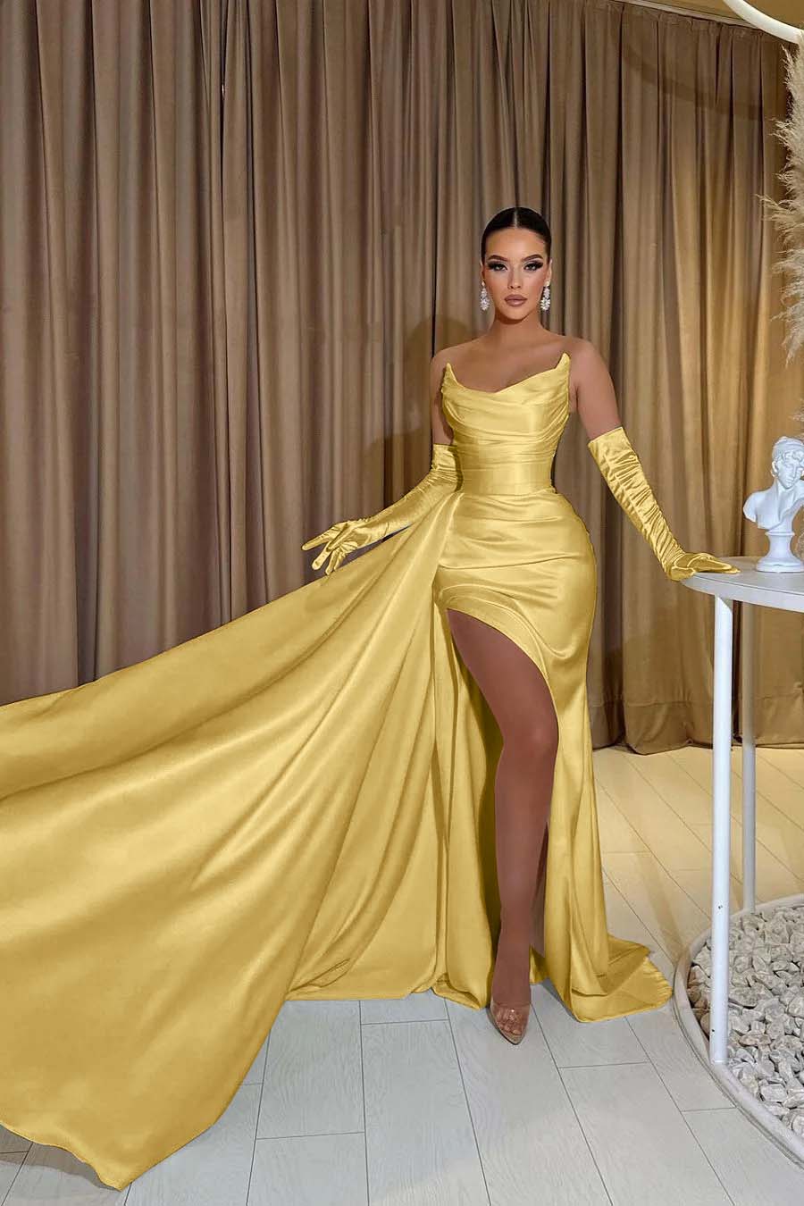 White Chiffon Strapless Mermaid Long Prom Dress with Split and Gloves