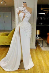 Elegant White Long Sleeve Mermaid Long Prom Dress with Split and Appliques