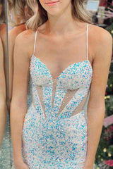 White Iridescent Sequins Mermaid Long Prom Dress with Straps