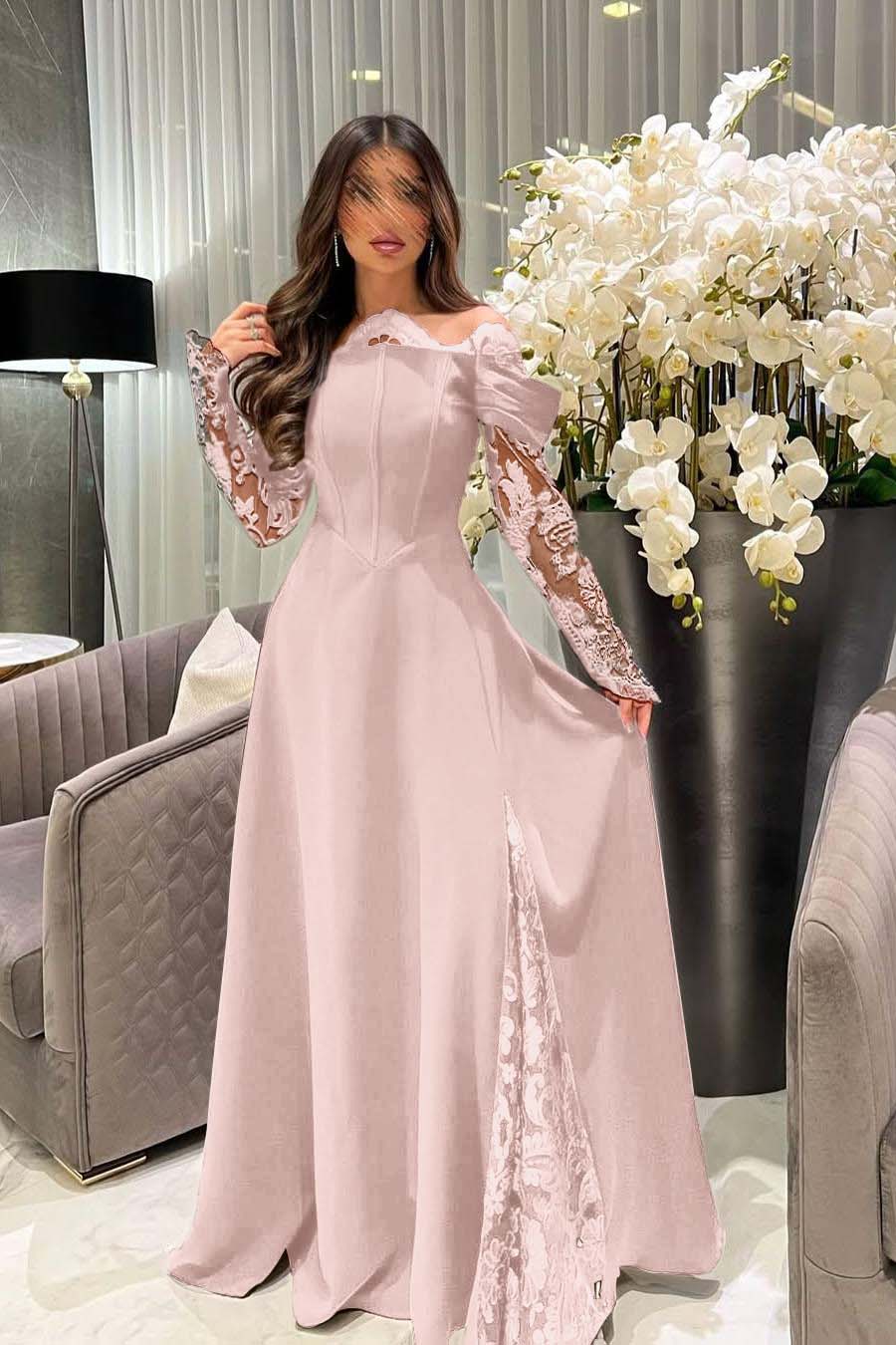 White Off the Shoulder Long Sleeve Prom Dress with Appliques