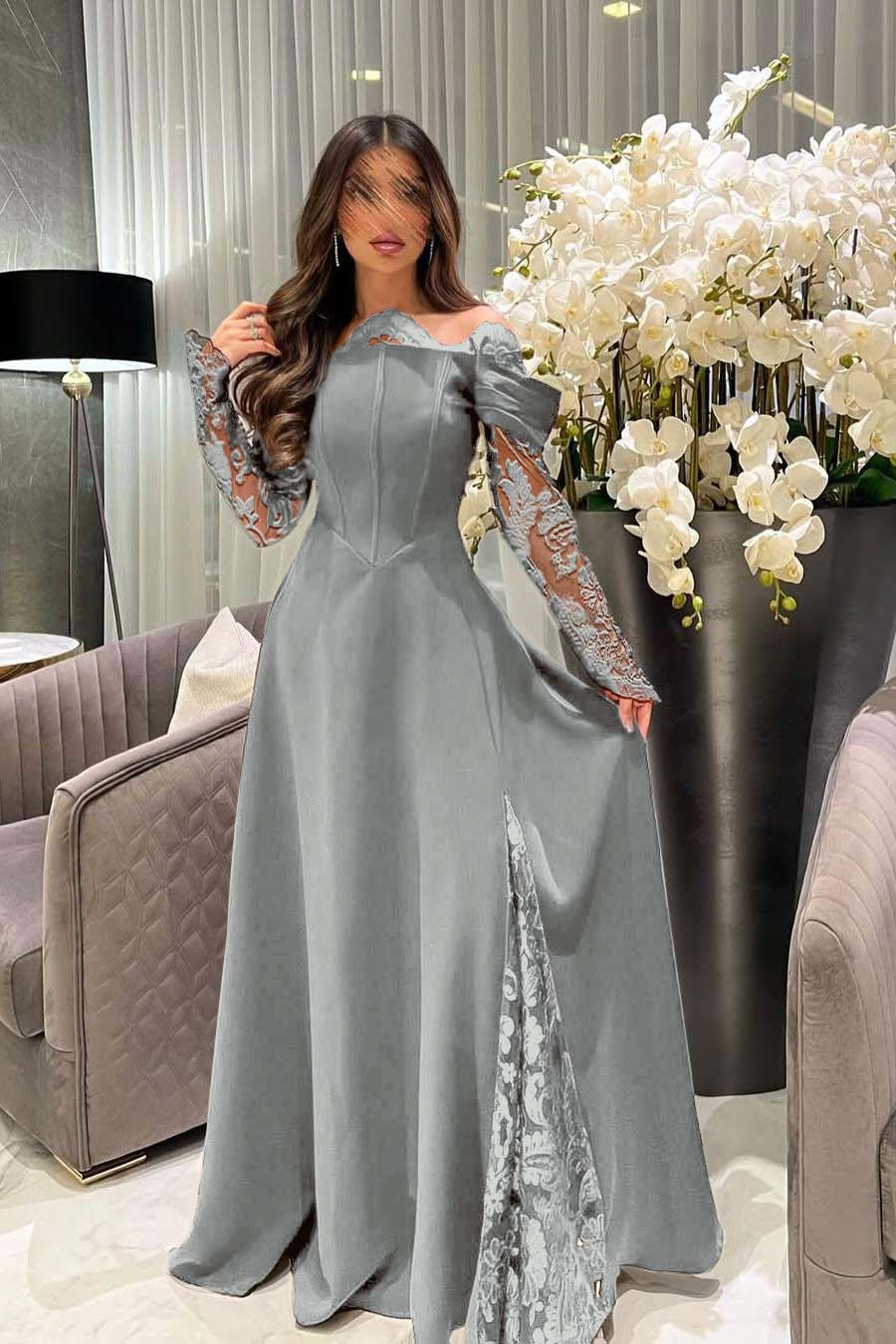 White Off the Shoulder Long Sleeve Prom Dress with Appliques
