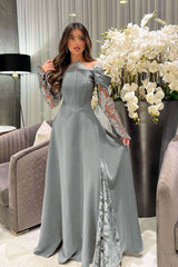 White Off the Shoulder Long Sleeve Prom Dress with Appliques