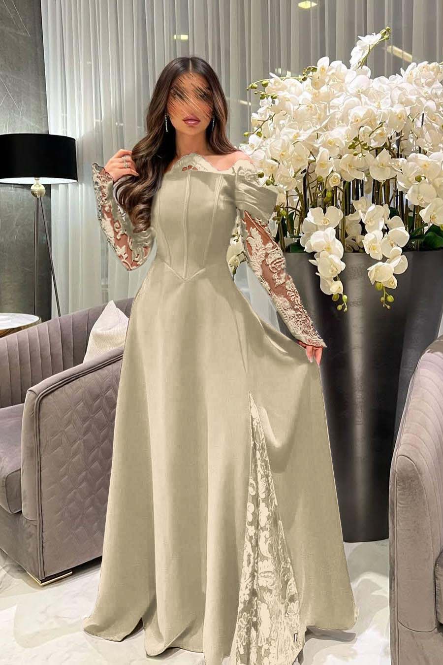 White Off the Shoulder Long Sleeve Prom Dress with Appliques