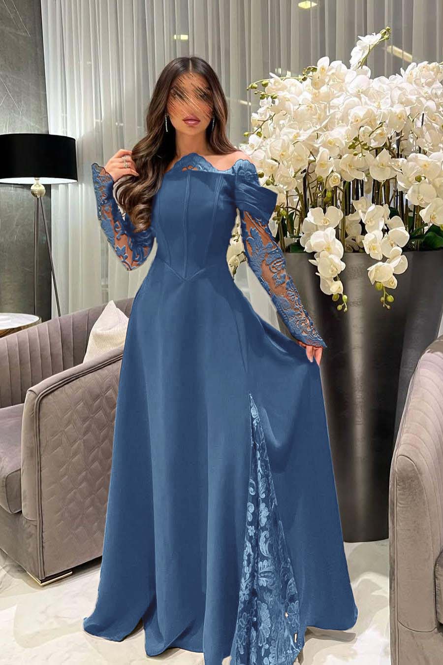 White Off the Shoulder Long Sleeve Prom Dress with Appliques