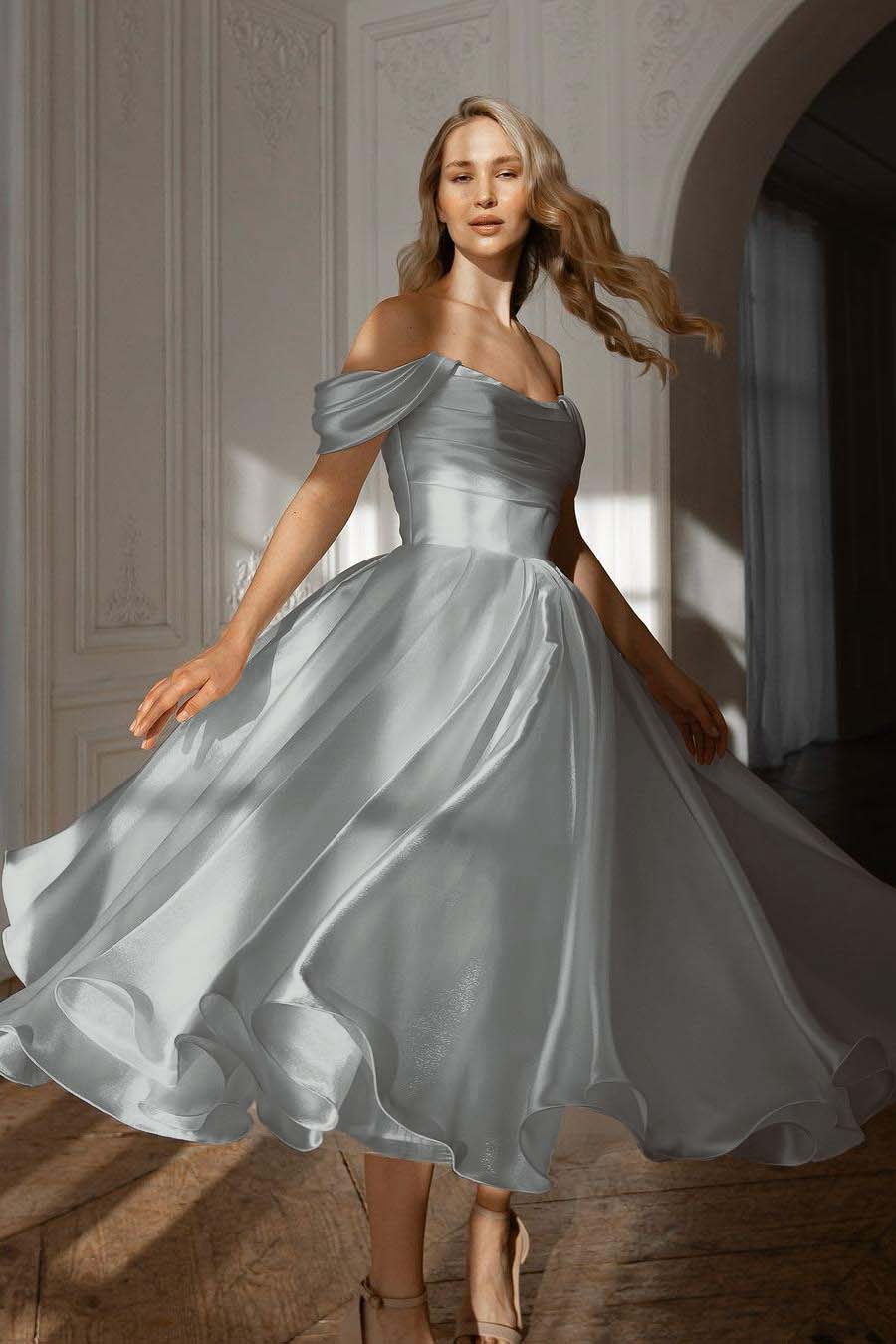 White Off the Shoulder Long Prom Dress with Pleated Details