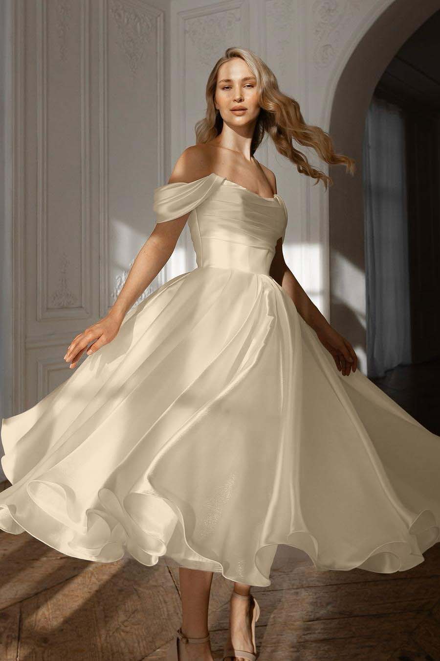 White Off the Shoulder Long Prom Dress with Pleated Details