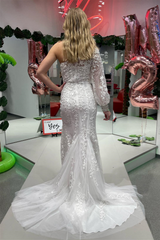 White One Shoulder Long Sleeve Appliques Long Prom Dress with Slit