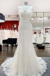 White Open Back Long Mermaid Wedding Dress with Tulle Lace