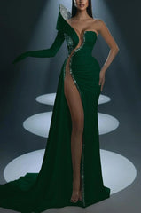 One Shoulder Mermaid Long Prom Dress with Split Gloves