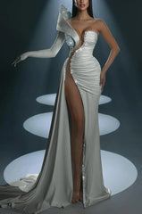 One Shoulder Mermaid Long Prom Dress with Split Gloves