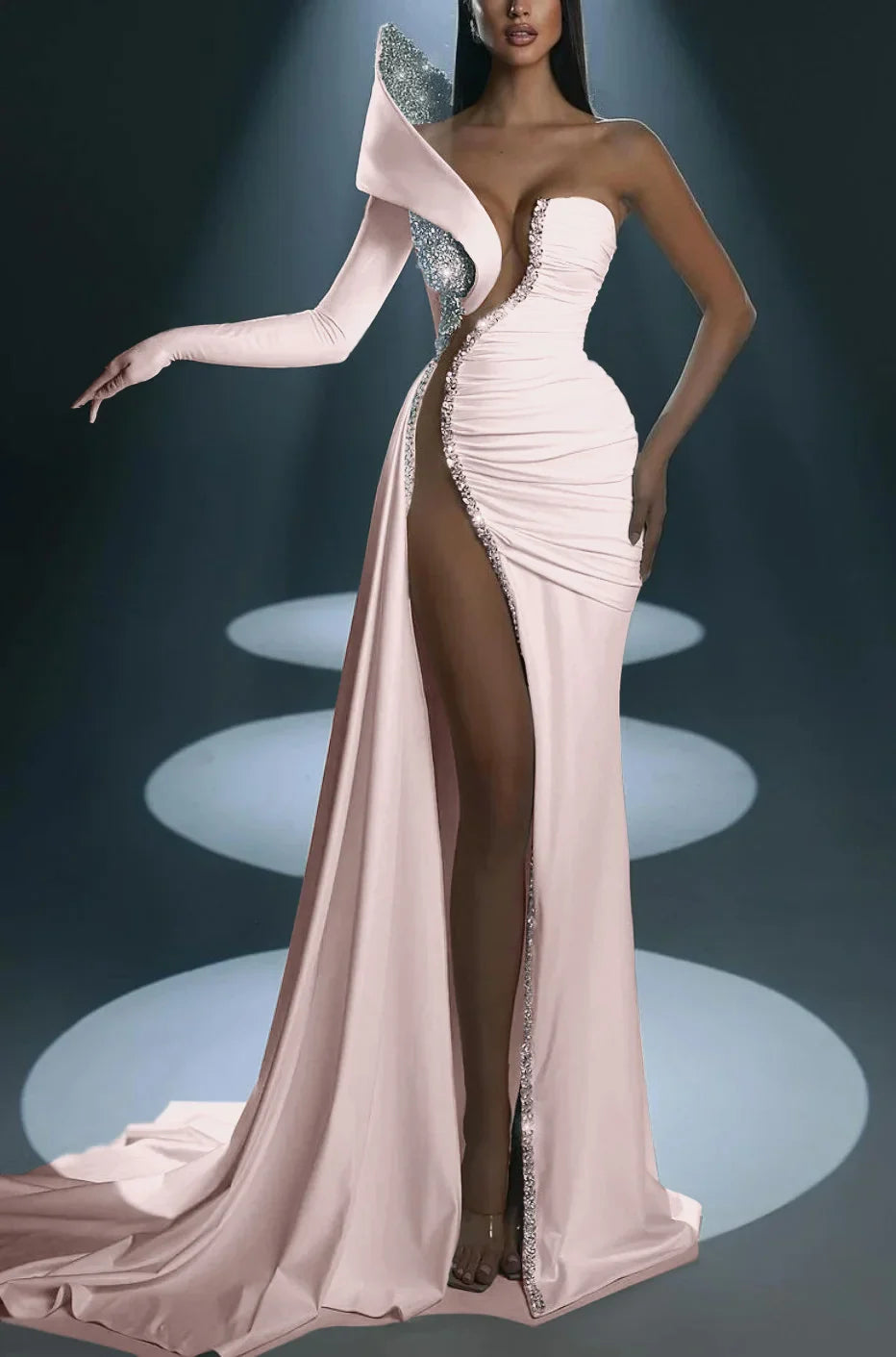 One Shoulder Mermaid Long Prom Dress with Split Gloves