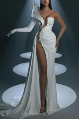One Shoulder Mermaid Long Prom Dress with Split Gloves
