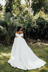 White V-Neck Off-the-Shoulder Ball Gown Wedding Dress with Lace