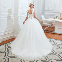 Wide Strap Deep V-Neck Floor-Length A-Line Wedding Dress with Tulle