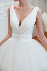 Wide Strap Deep V-Neck Floor-Length A-Line Wedding Dress with Tulle
