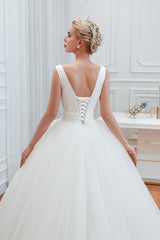 Wide Strap Deep V-Neck Floor-Length A-Line Wedding Dress with Tulle