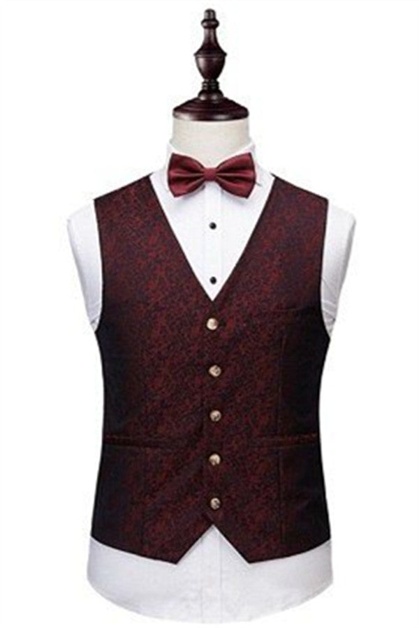 Wine Ruby Notched Lapel Jacquard Tuxedo Suit - Three Pieces