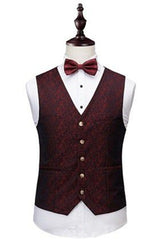Wine Ruby Notched Lapel Jacquard Tuxedo Suit - Three Pieces