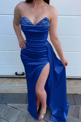 Yellow Sweetheart Mermaid Long Prom Dress with Beading, Split and Ruffles