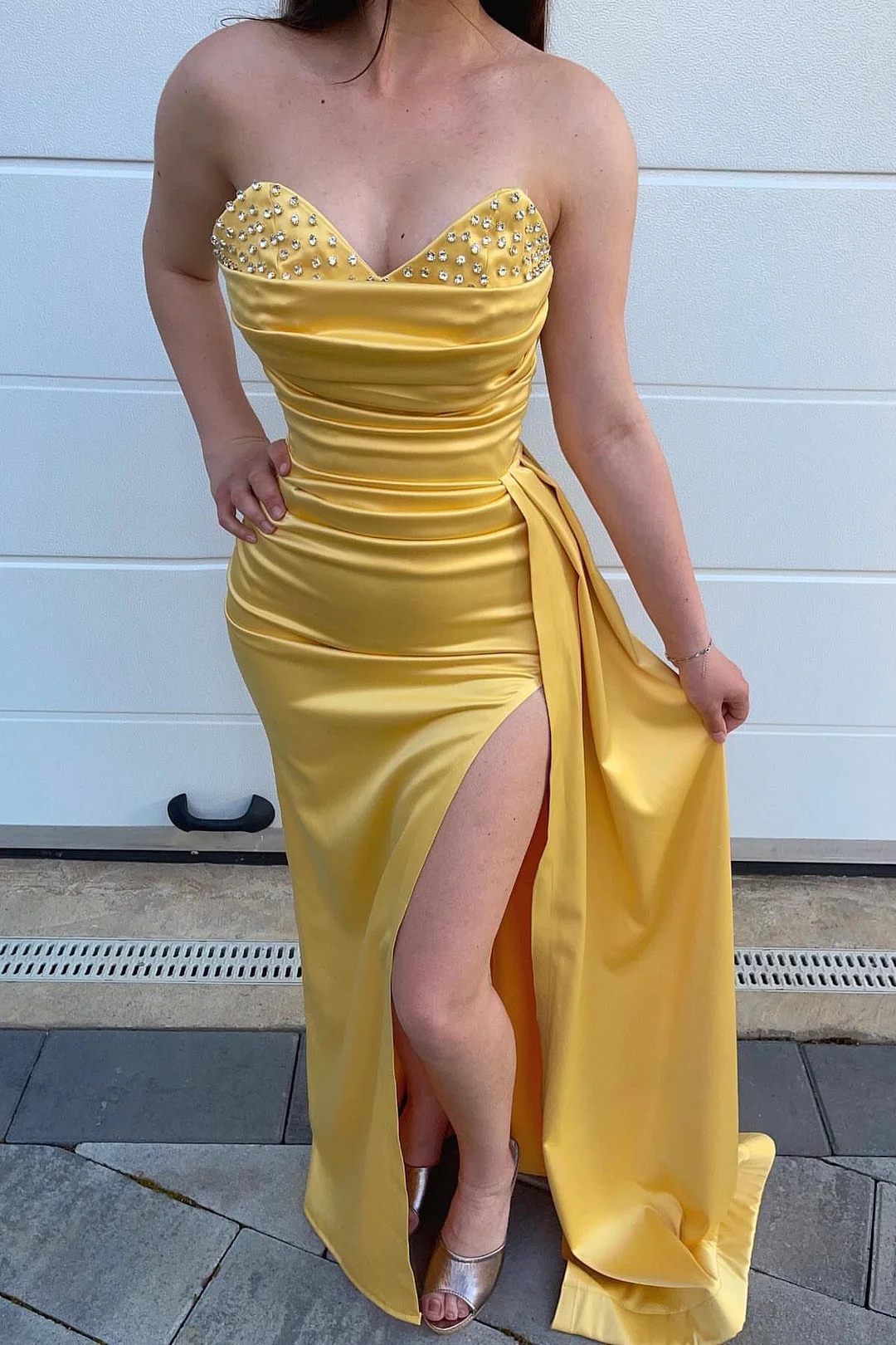 Yellow Sweetheart Mermaid Long Prom Dress with Beading, Split and Ruffles
