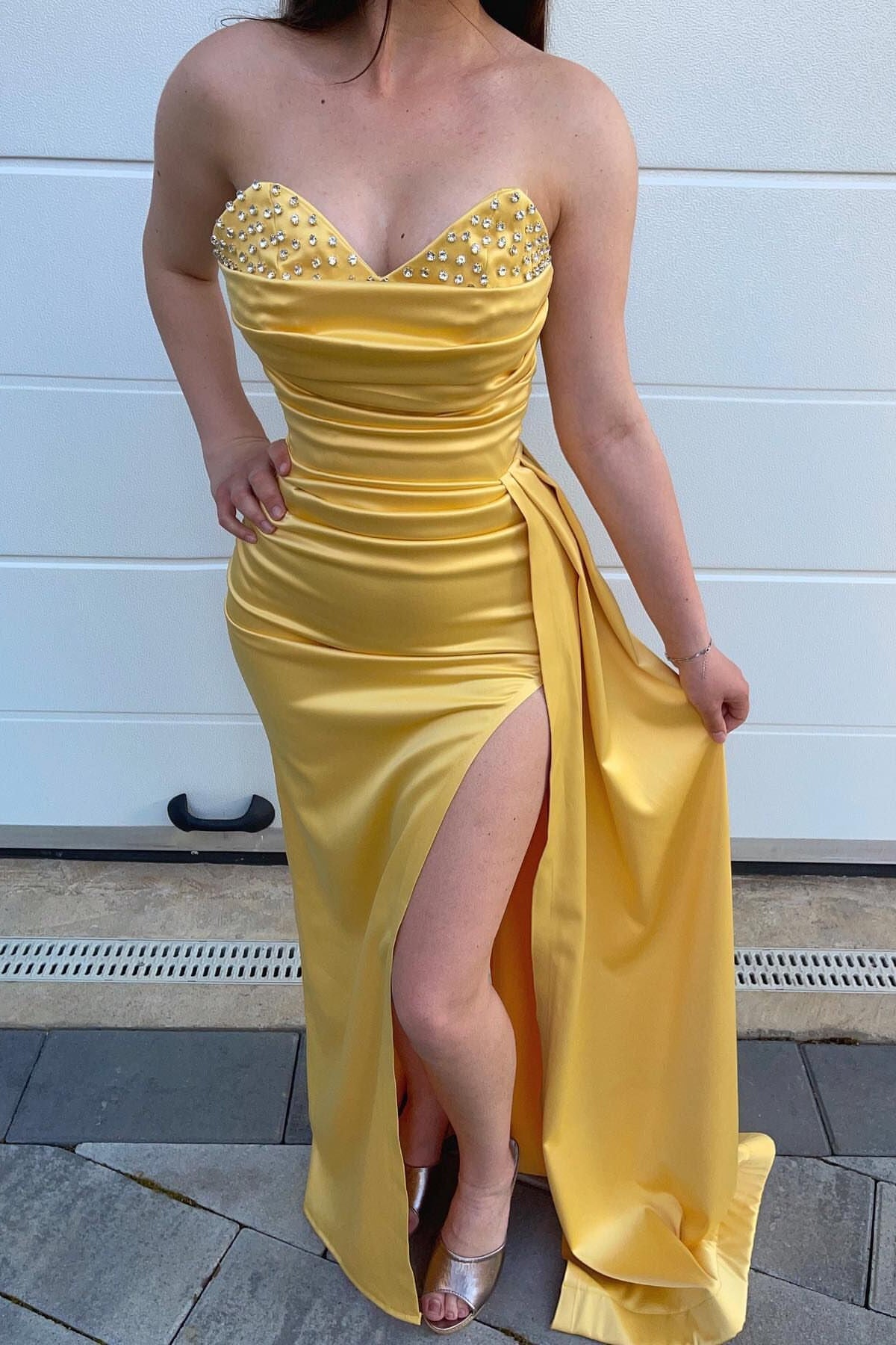 Yellow Sweetheart Mermaid Long Prom Dress with Beading, Split and Ruffles