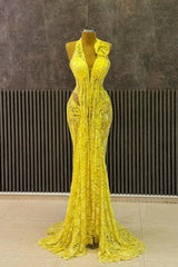 Halter Mermaid Long Prom Dress with Ruffles Lace