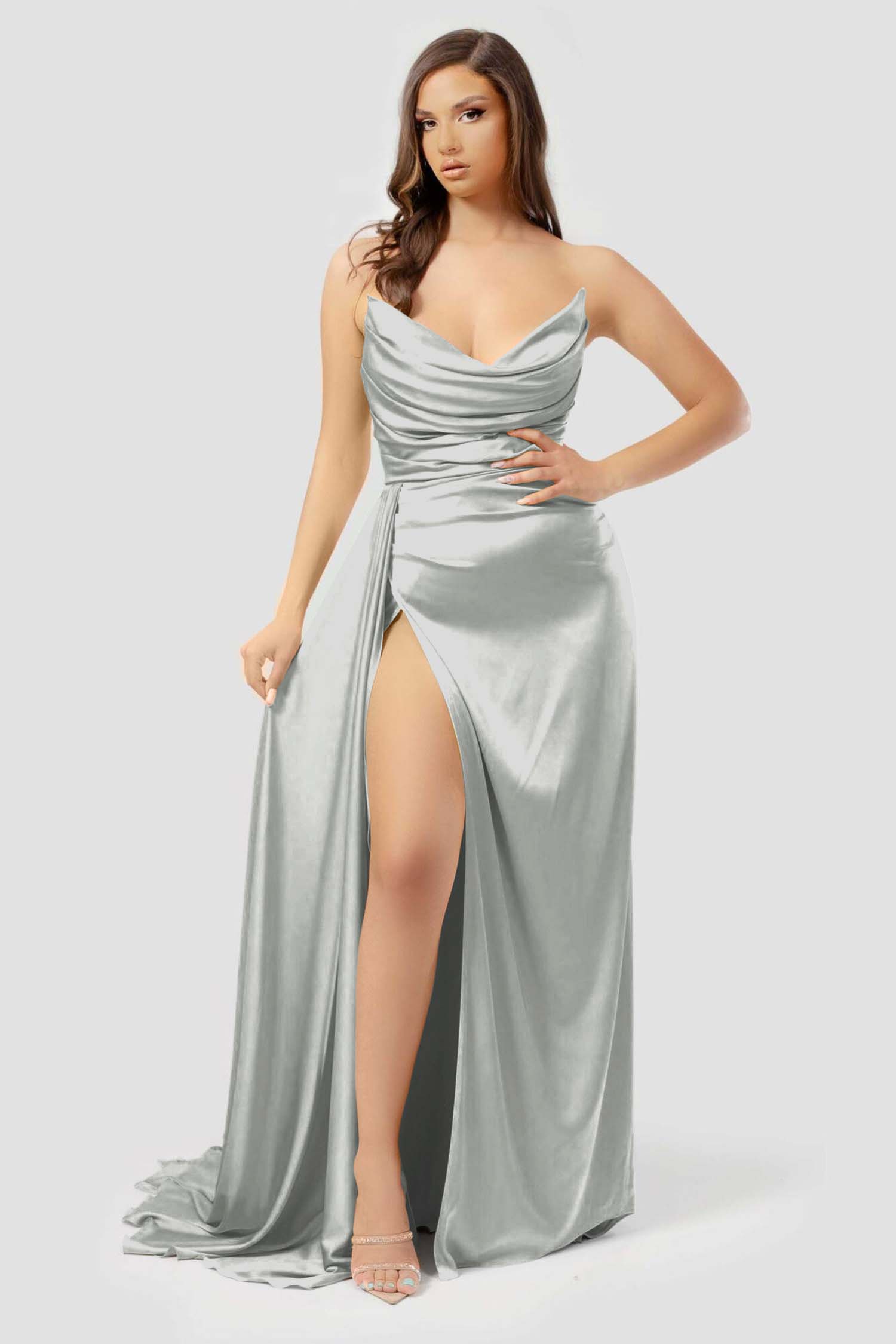 Yellow Strapless Long Prom Dress with High Split and Pleated