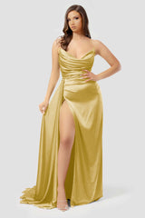 Yellow Strapless Long Prom Dress with High Split and Pleated