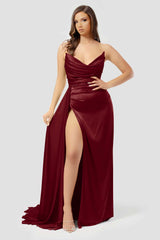 Yellow Strapless Long Prom Dress with High Split and Pleated