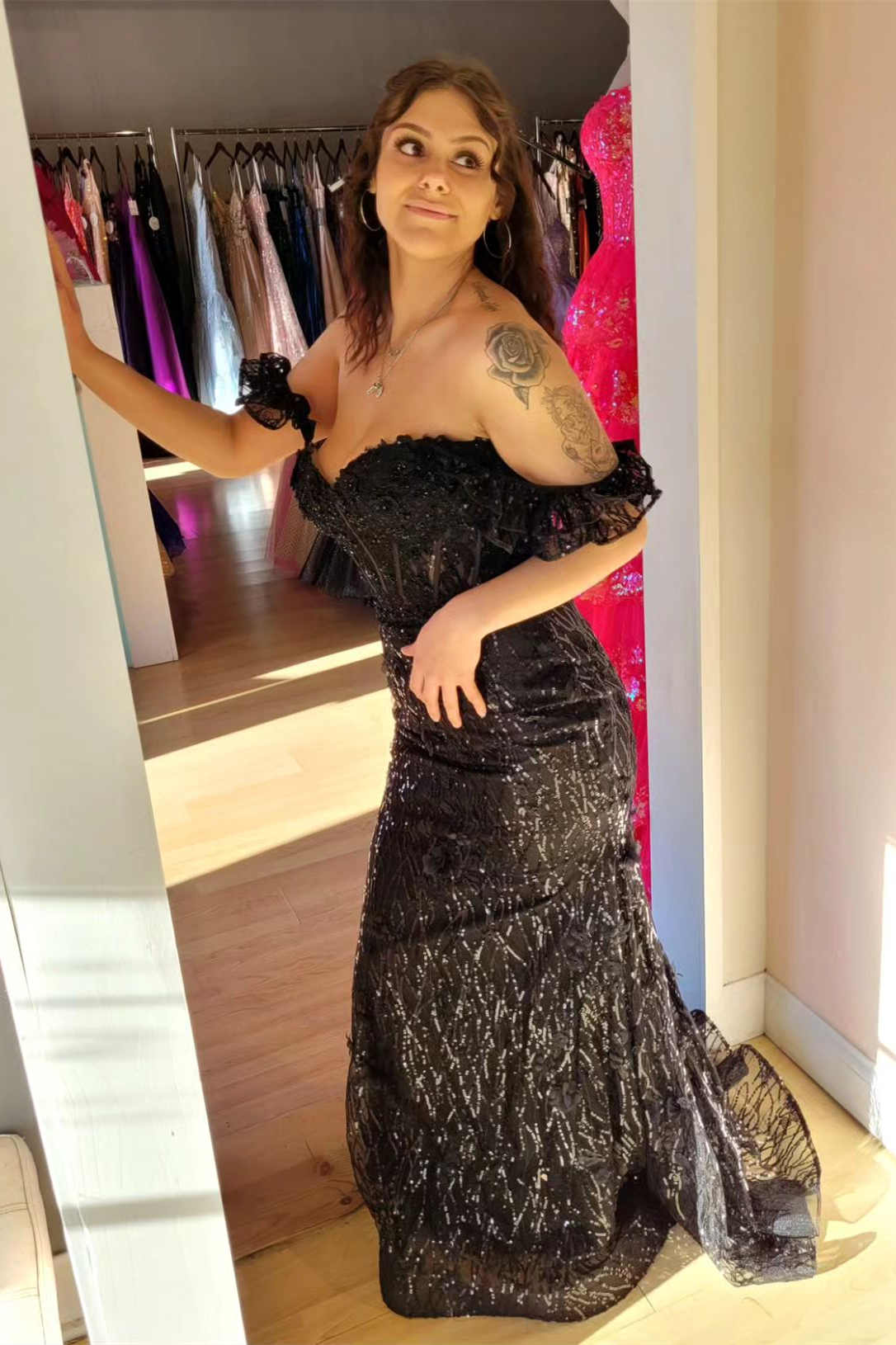 Yellow Ruffle Straps 3D Flower Mermaid Long Prom Dress