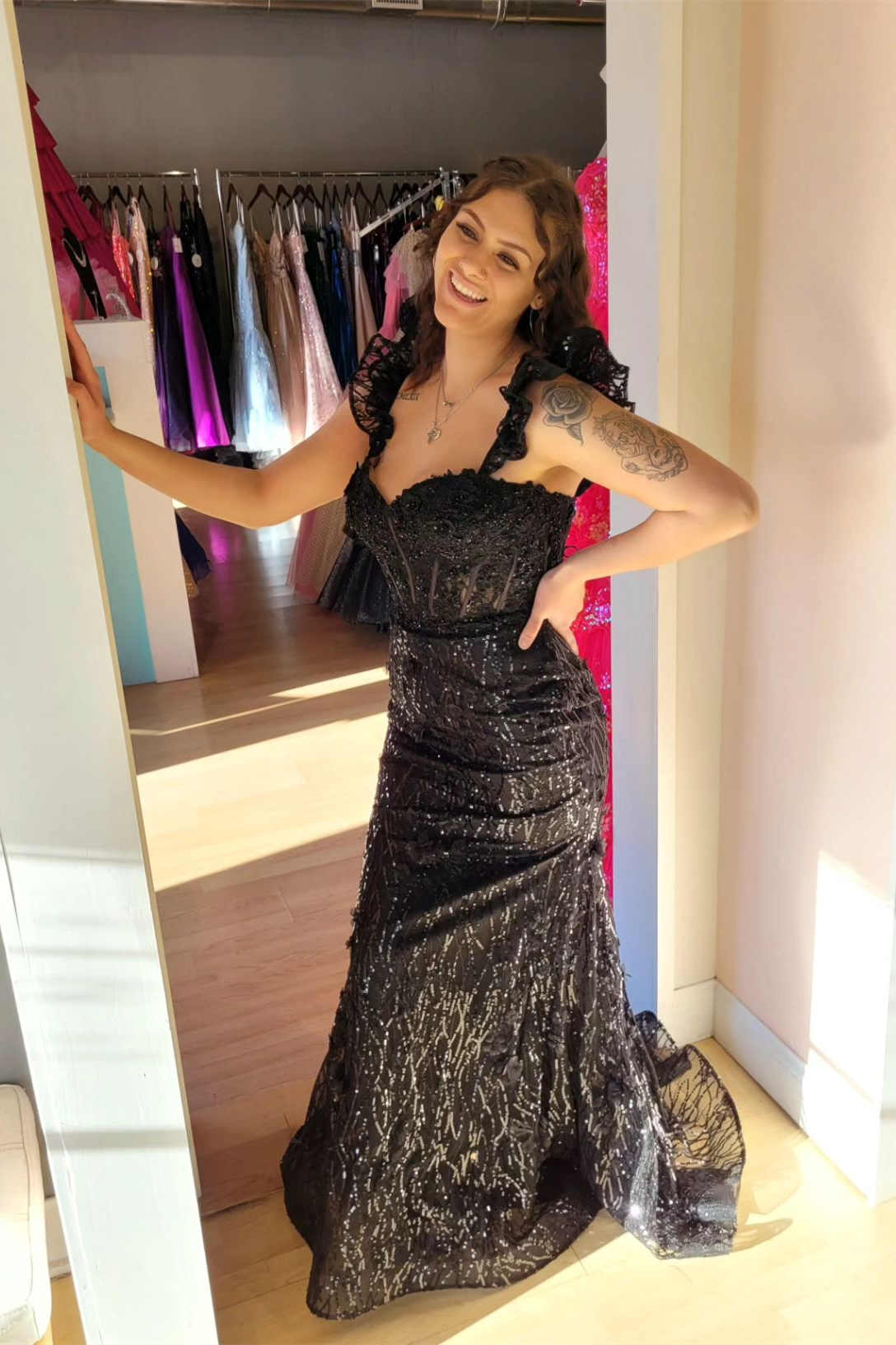 Yellow Ruffle Straps 3D Flower Mermaid Long Prom Dress