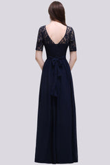 Half-Sleeves Lace Scoop Dark Navy Chiffon Bridesmaid Dress