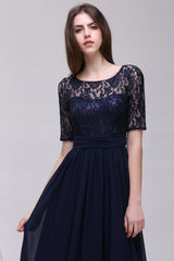 Half-Sleeves Lace Scoop Dark Navy Chiffon Bridesmaid Dress