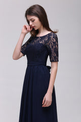 Half-Sleeves Lace Scoop Dark Navy Chiffon Bridesmaid Dress