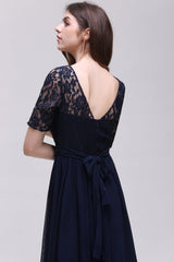 Half-Sleeves Lace Scoop Dark Navy Chiffon Bridesmaid Dress