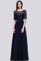 Half-Sleeves Lace Scoop Dark Navy Chiffon Bridesmaid Dress