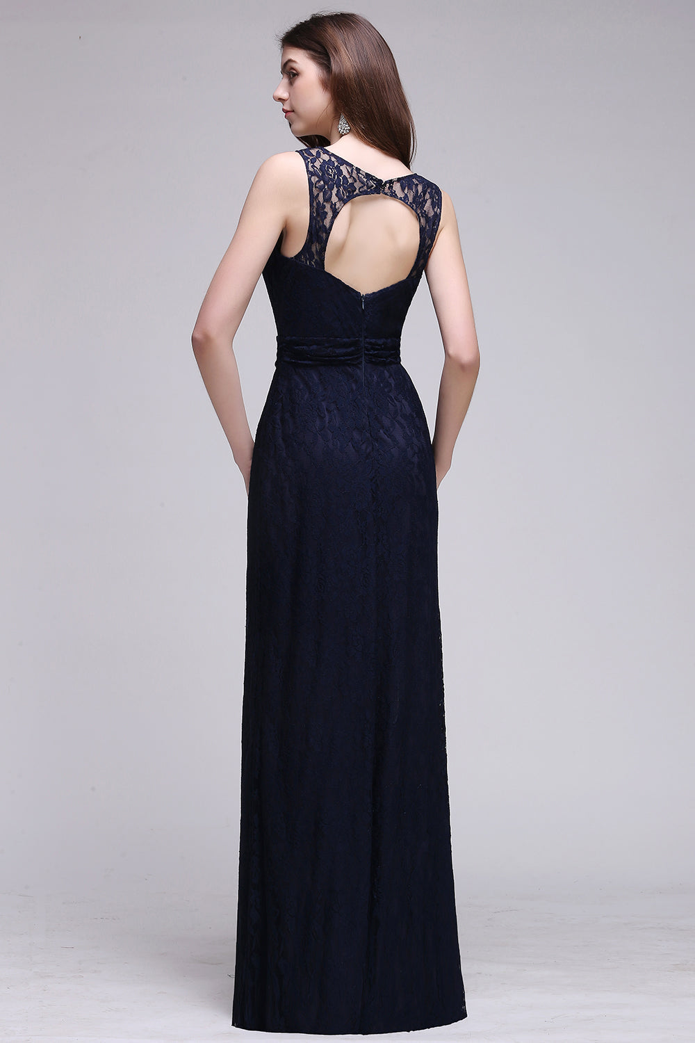 Sleeveless Dark Navy Scoop Keyhole Back Lace Bridesmaid Dress