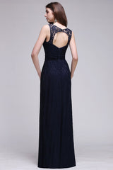 Sleeveless Dark Navy Scoop Keyhole Back Lace Bridesmaid Dress