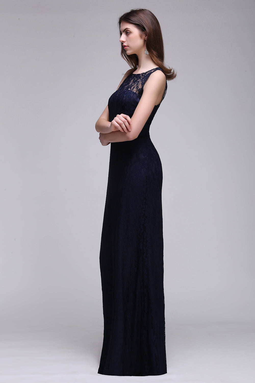 Sleeveless Dark Navy Scoop Keyhole Back Lace Bridesmaid Dress3