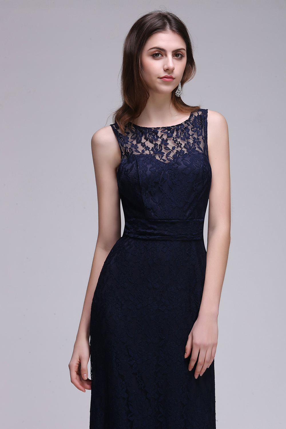 Sleeveless Dark Navy Scoop Keyhole Back Lace Bridesmaid Dress4