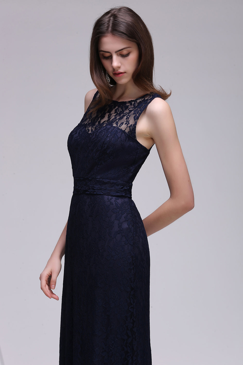 Sleeveless Dark Navy Scoop Keyhole Back Lace Bridesmaid Dress5