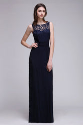 Sleeveless Dark Navy Scoop Keyhole Back Lace Bridesmaid Dress