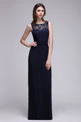 Sleeveless Dark Navy Scoop Keyhole Back Lace Bridesmaid Dress