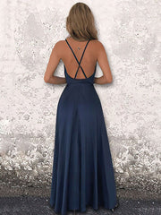 A-line Floor-length Cowl Neck Silk-like Satin Split Front Prom Dresses