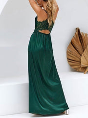 A-line Floor-length V-neck Lace Prom Dresses in Silk-like Satin