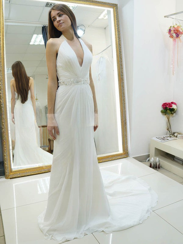 A-Line Halter Chiffon Sweep Train Wedding Dress with Beading