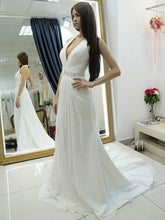 A-Line Halter Chiffon Sweep Train Wedding Dress with Beading