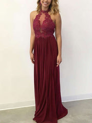 A-line High Neck Chiffon Floor-length Appliques Lace Prom Dresses